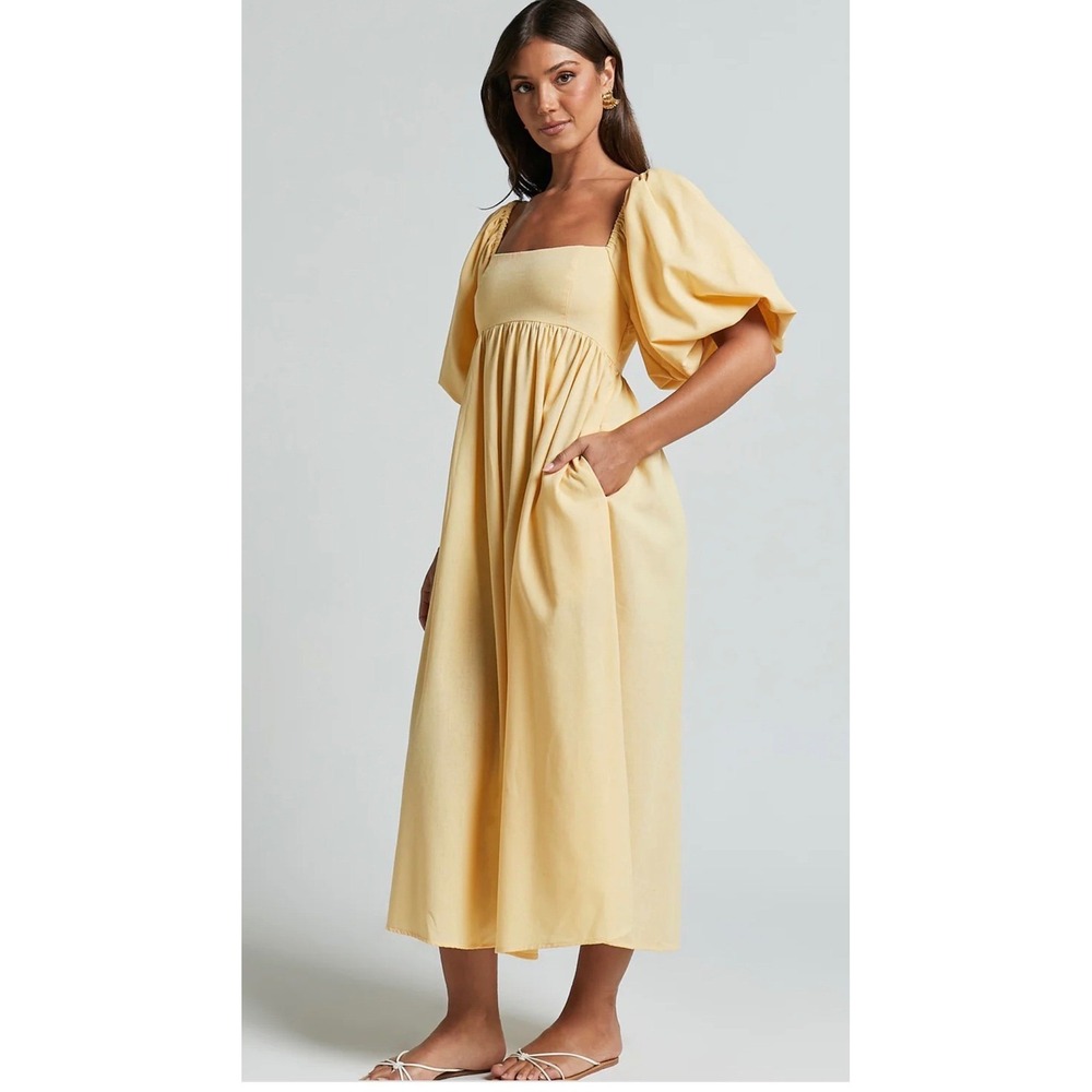 Showpo Cenia Midi Dress 10 Yellow Linen Blend Puff Sleeve Smock